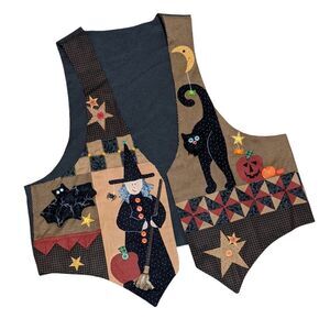 Handcrafted Halloween festive holiday vest art to wear patchwork folk art cat